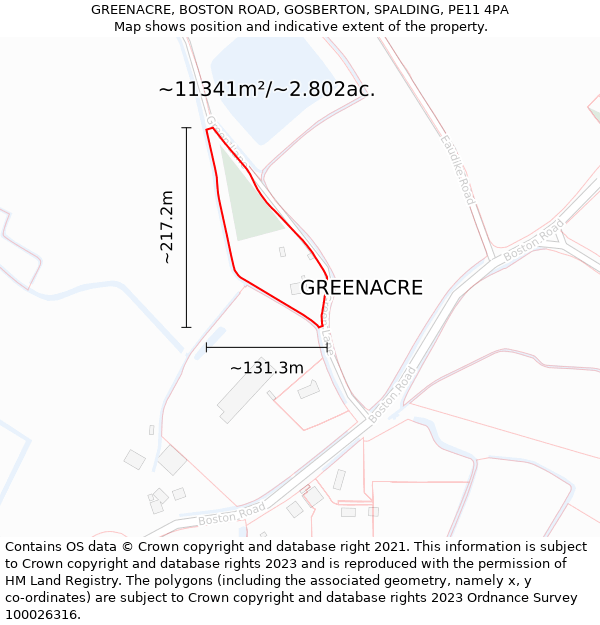 GREENACRE, BOSTON ROAD, GOSBERTON, SPALDING, PE11 4PA: Plot and title map