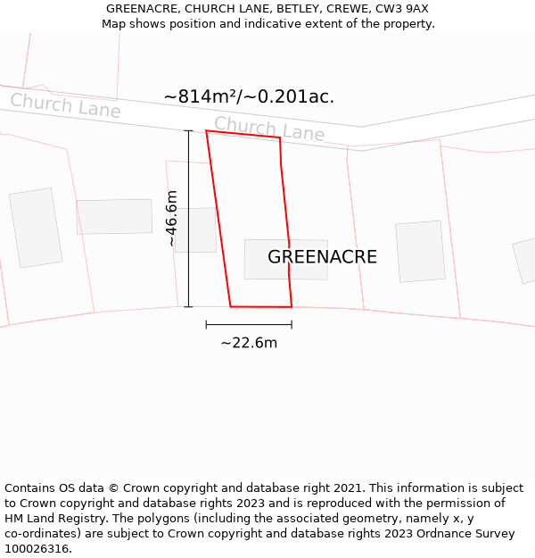 GREENACRE, CHURCH LANE, BETLEY, CREWE, CW3 9AX: Plot and title map