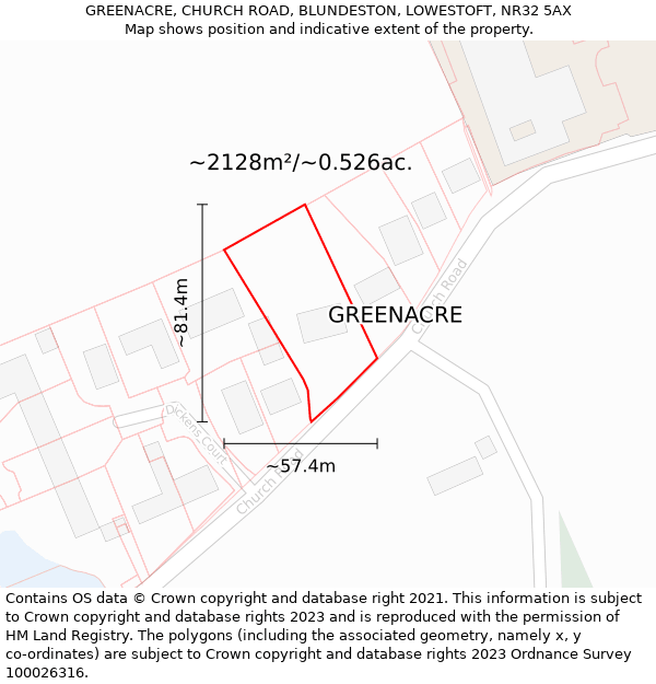GREENACRE, CHURCH ROAD, BLUNDESTON, LOWESTOFT, NR32 5AX: Plot and title map