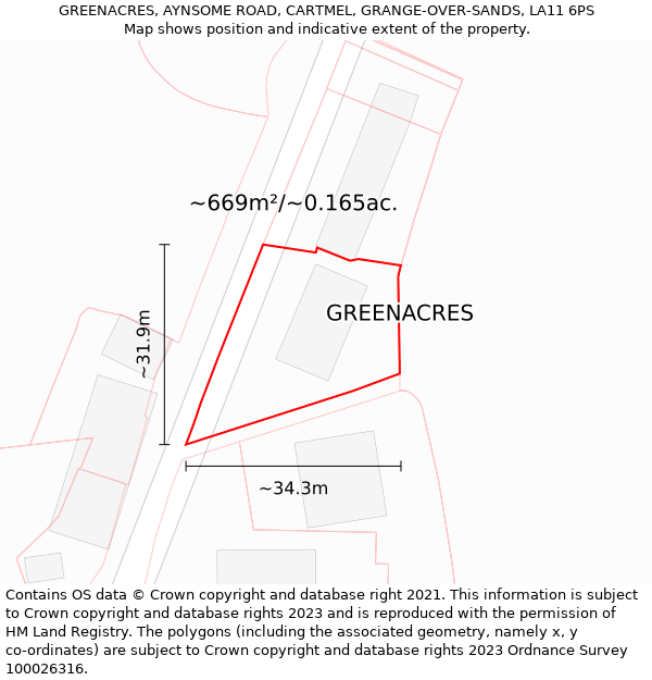 GREENACRES, AYNSOME ROAD, CARTMEL, GRANGE-OVER-SANDS, LA11 6PS: Plot and title map