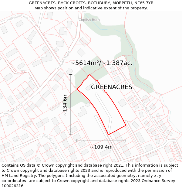 GREENACRES, BACK CROFTS, ROTHBURY, MORPETH, NE65 7YB: Plot and title map