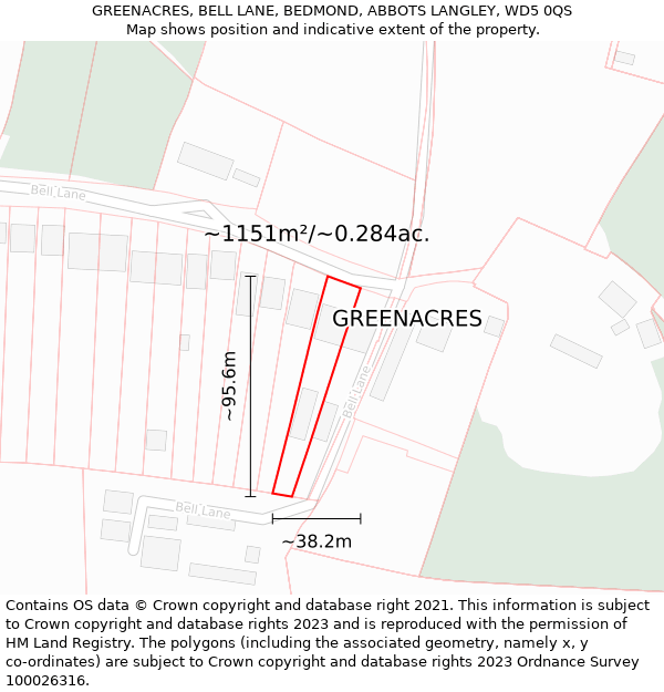 GREENACRES, BELL LANE, BEDMOND, ABBOTS LANGLEY, WD5 0QS: Plot and title map