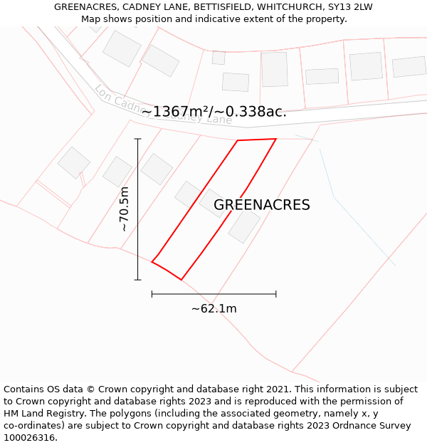 GREENACRES, CADNEY LANE, BETTISFIELD, WHITCHURCH, SY13 2LW: Plot and title map