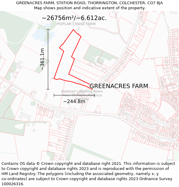 GREENACRES FARM, STATION ROAD, THORRINGTON, COLCHESTER, CO7 8JA: Plot and title map