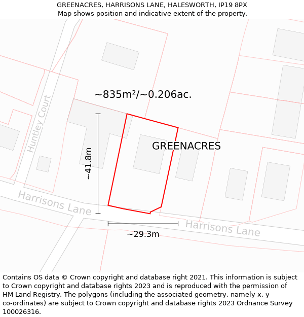 GREENACRES, HARRISONS LANE, HALESWORTH, IP19 8PX: Plot and title map