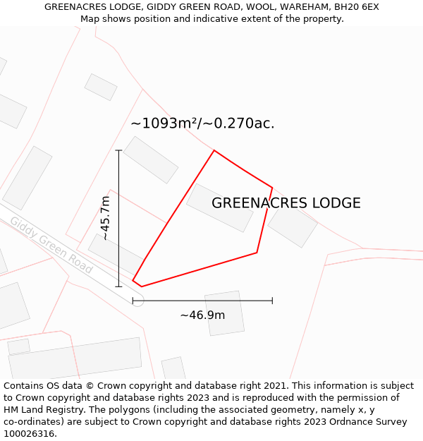 GREENACRES LODGE, GIDDY GREEN ROAD, WOOL, WAREHAM, BH20 6EX: Plot and title map