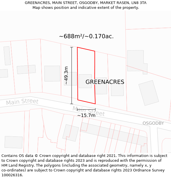 GREENACRES, MAIN STREET, OSGODBY, MARKET RASEN, LN8 3TA: Plot and title map