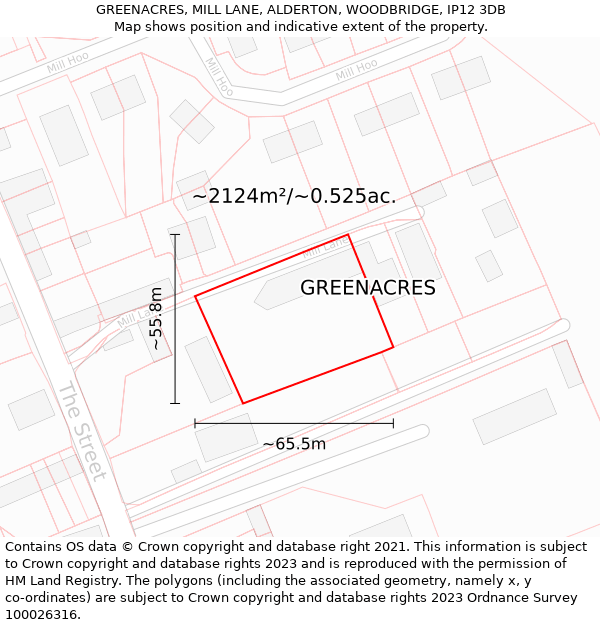 GREENACRES, MILL LANE, ALDERTON, WOODBRIDGE, IP12 3DB: Plot and title map