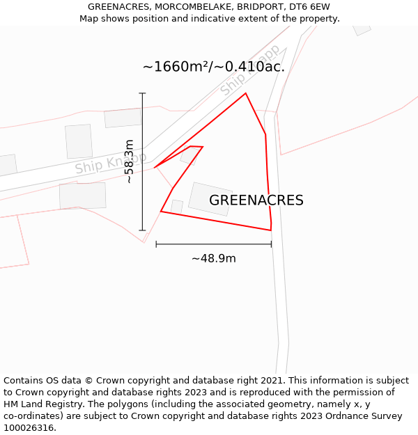 GREENACRES, MORCOMBELAKE, BRIDPORT, DT6 6EW: Plot and title map