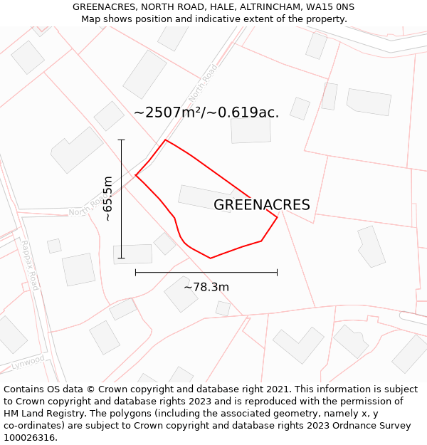 GREENACRES, NORTH ROAD, HALE, ALTRINCHAM, WA15 0NS: Plot and title map