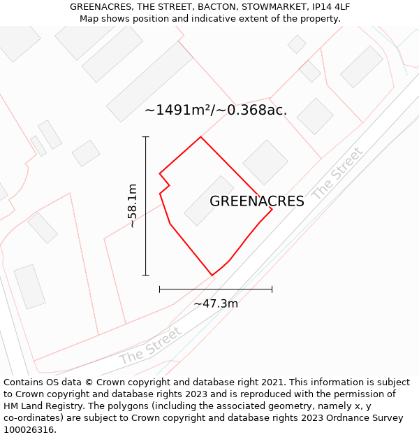 GREENACRES, THE STREET, BACTON, STOWMARKET, IP14 4LF: Plot and title map