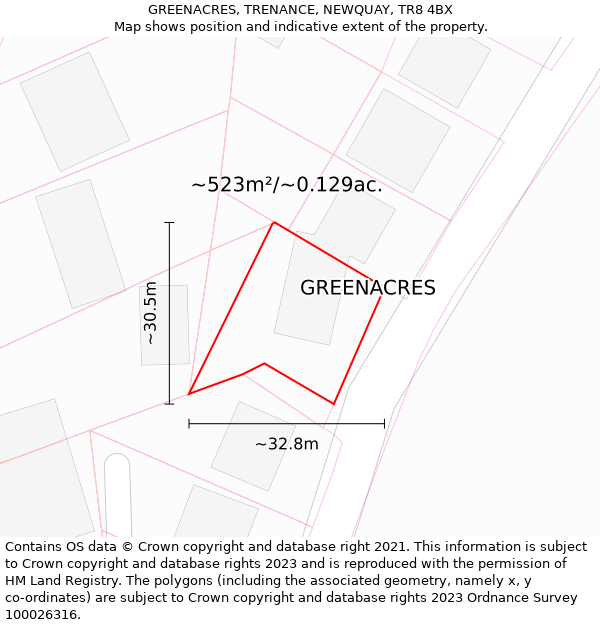 GREENACRES, TRENANCE, NEWQUAY, TR8 4BX: Plot and title map