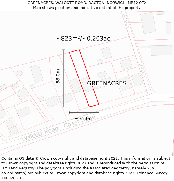 GREENACRES, WALCOTT ROAD, BACTON, NORWICH, NR12 0EX: Plot and title map