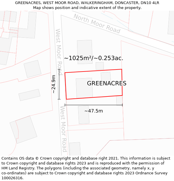 GREENACRES, WEST MOOR ROAD, WALKERINGHAM, DONCASTER, DN10 4LR: Plot and title map