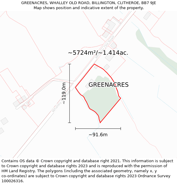 GREENACRES, WHALLEY OLD ROAD, BILLINGTON, CLITHEROE, BB7 9JE: Plot and title map
