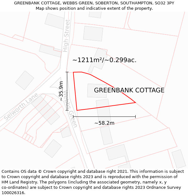 GREENBANK COTTAGE, WEBBS GREEN, SOBERTON, SOUTHAMPTON, SO32 3PY: Plot and title map