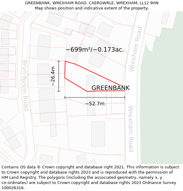 GREENBANK, WREXHAM ROAD, CAERGWRLE, WREXHAM, LL12 9HN: Plot and title map