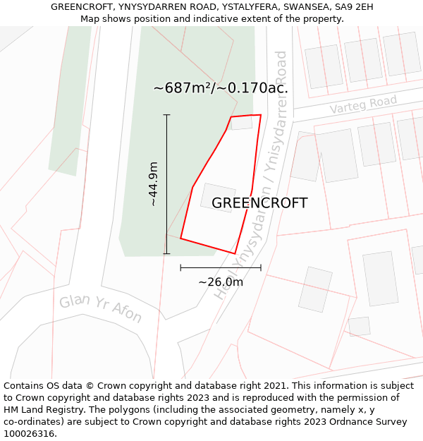 GREENCROFT, YNYSYDARREN ROAD, YSTALYFERA, SWANSEA, SA9 2EH: Plot and title map