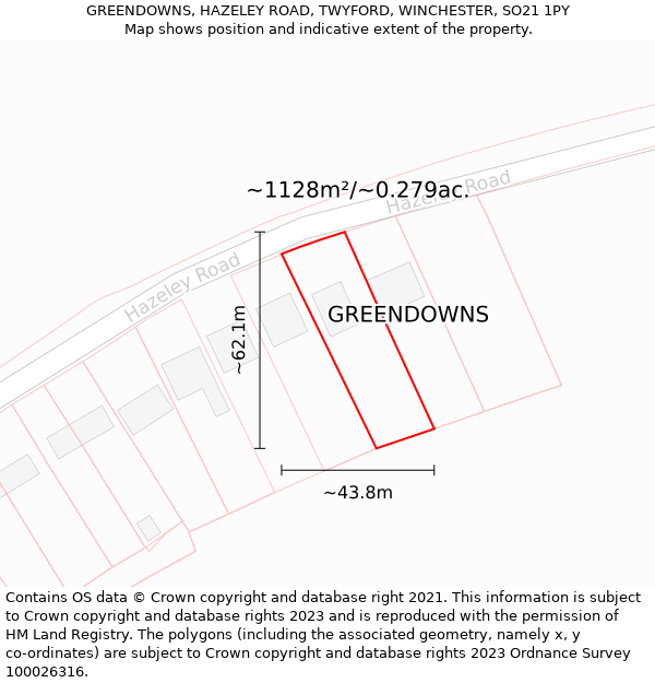 GREENDOWNS, HAZELEY ROAD, TWYFORD, WINCHESTER, SO21 1PY: Plot and title map