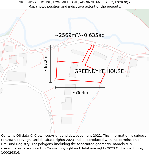 GREENDYKE HOUSE, LOW MILL LANE, ADDINGHAM, ILKLEY, LS29 0QP: Plot and title map