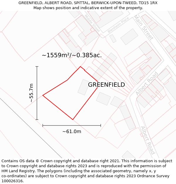 GREENFIELD, ALBERT ROAD, SPITTAL, BERWICK-UPON-TWEED, TD15 1RX: Plot and title map