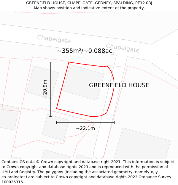 GREENFIELD HOUSE, CHAPELGATE, GEDNEY, SPALDING, PE12 0BJ: Plot and title map