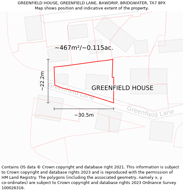 GREENFIELD HOUSE, GREENFIELD LANE, BAWDRIP, BRIDGWATER, TA7 8PX: Plot and title map
