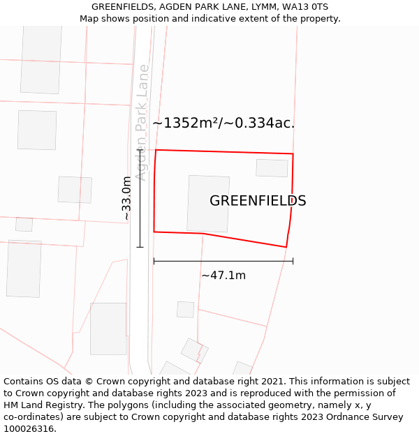 GREENFIELDS, AGDEN PARK LANE, LYMM, WA13 0TS: Plot and title map