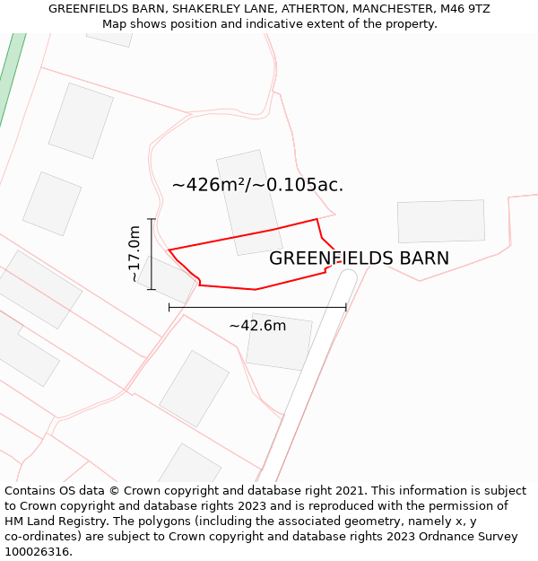 GREENFIELDS BARN, SHAKERLEY LANE, ATHERTON, MANCHESTER, M46 9TZ: Plot and title map