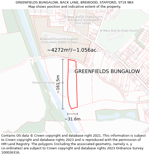 GREENFIELDS BUNGALOW, BACK LANE, BREWOOD, STAFFORD, ST19 9BX: Plot and title map