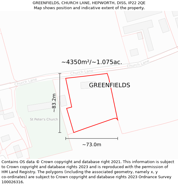 GREENFIELDS, CHURCH LANE, HEPWORTH, DISS, IP22 2QE: Plot and title map