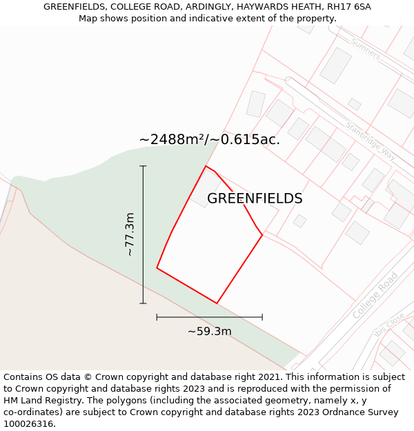 GREENFIELDS, COLLEGE ROAD, ARDINGLY, HAYWARDS HEATH, RH17 6SA: Plot and title map