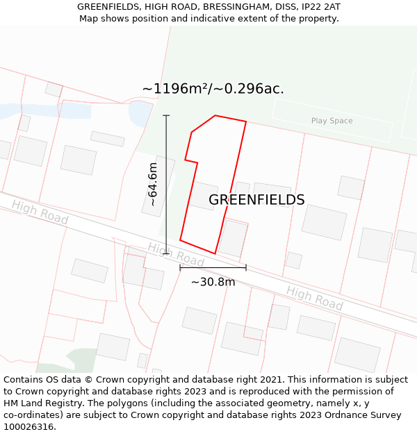 GREENFIELDS, HIGH ROAD, BRESSINGHAM, DISS, IP22 2AT: Plot and title map