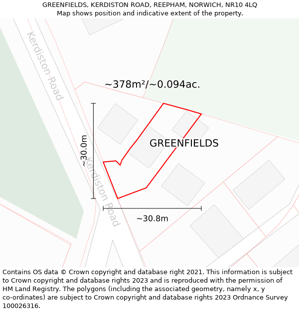GREENFIELDS, KERDISTON ROAD, REEPHAM, NORWICH, NR10 4LQ: Plot and title map