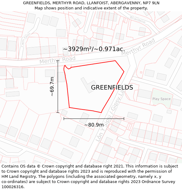 GREENFIELDS, MERTHYR ROAD, LLANFOIST, ABERGAVENNY, NP7 9LN: Plot and title map