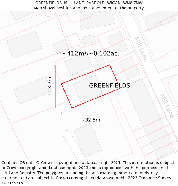 GREENFIELDS, MILL LANE, PARBOLD, WIGAN, WN8 7NW: Plot and title map