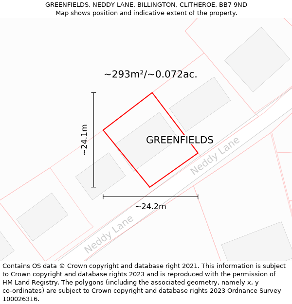 GREENFIELDS, NEDDY LANE, BILLINGTON, CLITHEROE, BB7 9ND: Plot and title map