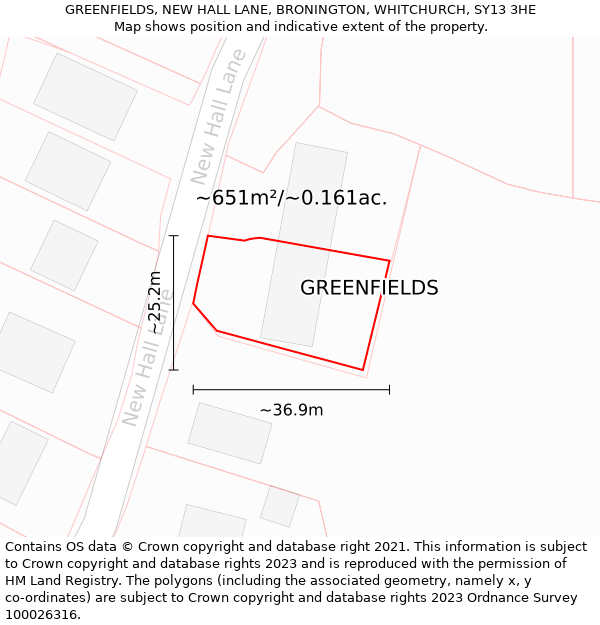 GREENFIELDS, NEW HALL LANE, BRONINGTON, WHITCHURCH, SY13 3HE: Plot and title map