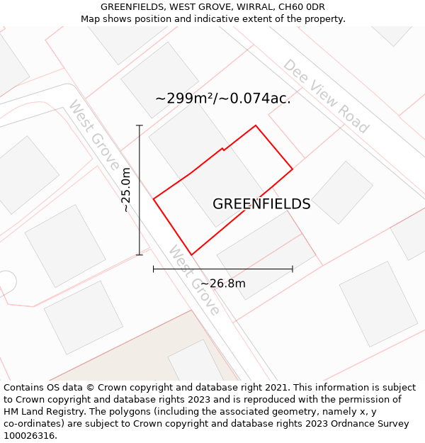 GREENFIELDS, WEST GROVE, WIRRAL, CH60 0DR: Plot and title map