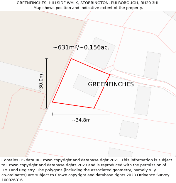 GREENFINCHES, HILLSIDE WALK, STORRINGTON, PULBOROUGH, RH20 3HL: Plot and title map