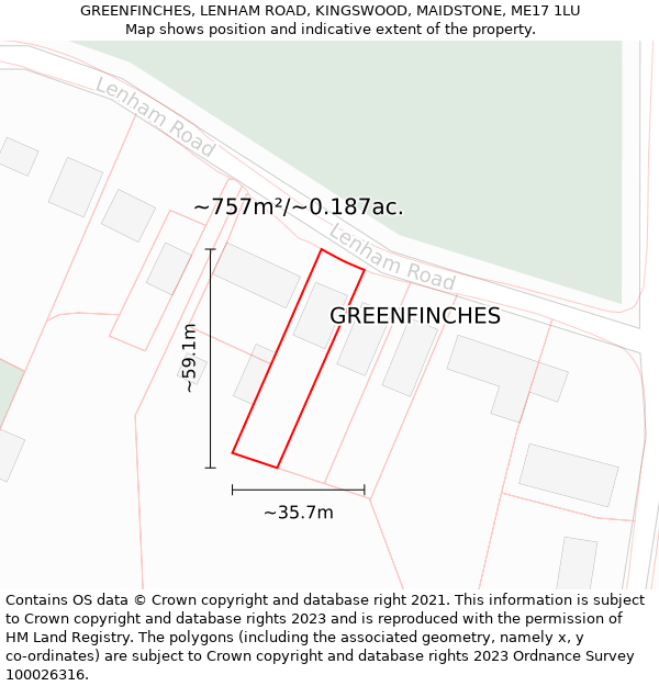 GREENFINCHES, LENHAM ROAD, KINGSWOOD, MAIDSTONE, ME17 1LU: Plot and title map