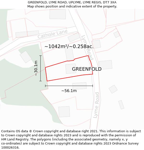 GREENFOLD, LYME ROAD, UPLYME, LYME REGIS, DT7 3XA: Plot and title map