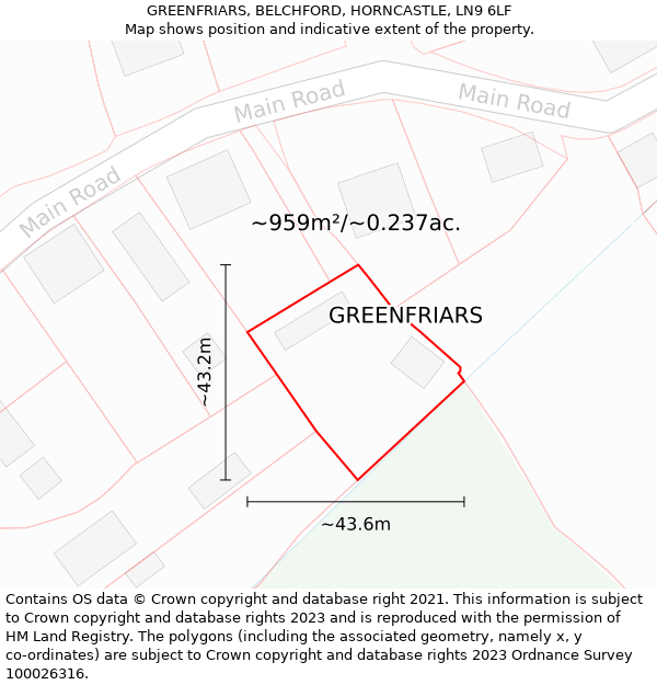 GREENFRIARS, BELCHFORD, HORNCASTLE, LN9 6LF: Plot and title map