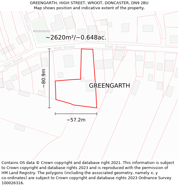 GREENGARTH, HIGH STREET, WROOT, DONCASTER, DN9 2BU: Plot and title map