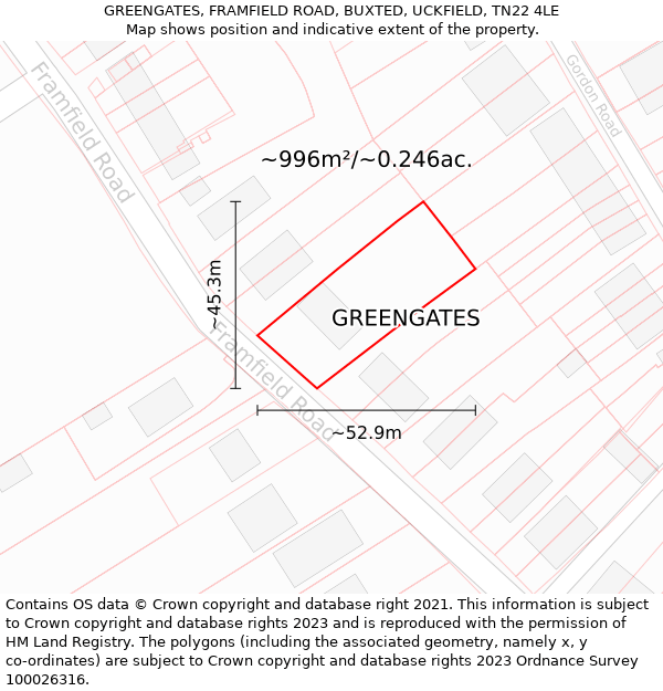 GREENGATES, FRAMFIELD ROAD, BUXTED, UCKFIELD, TN22 4LE: Plot and title map