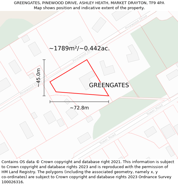 GREENGATES, PINEWOOD DRIVE, ASHLEY HEATH, MARKET DRAYTON, TF9 4PA: Plot and title map