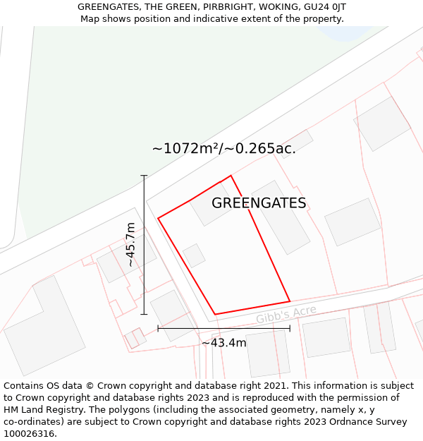 GREENGATES, THE GREEN, PIRBRIGHT, WOKING, GU24 0JT: Plot and title map