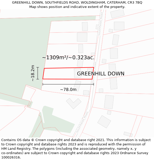 GREENHILL DOWN, SOUTHFIELDS ROAD, WOLDINGHAM, CATERHAM, CR3 7BQ: Plot and title map