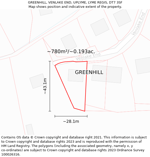GREENHILL, VENLAKE END, UPLYME, LYME REGIS, DT7 3SF: Plot and title map