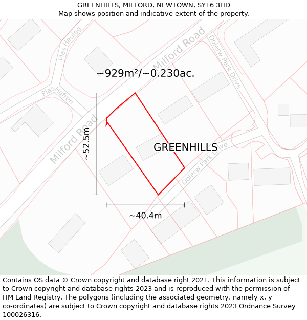 GREENHILLS, MILFORD, NEWTOWN, SY16 3HD: Plot and title map